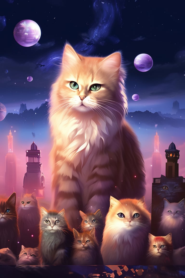 painting of A sky filled with a vibrant aurora borealis illuminating a city with grand columns while cats roam the streets and serpentine creatures swim in the oceans. Style of Cute cats and kittens with a mirror background. rosybrown, chocolate, sandybrown, darkred colors. 8K HD.