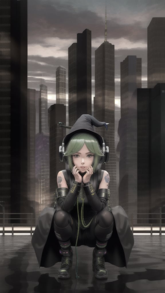 best quality, masterpiece, (detailed:1.2), 1girl, mona, gumi vocaloid, squatting, cutesie, witch hat, science fiction, cyberpunk, green hair, chromatic aberration, outdoors, city, crowd, faceless crowd","wallpaper, 1boy, solo, male focus, tattoo, monochrome, cyberpunk, (chromatic aberration), detailed background, mechanical parts, cable, indoors