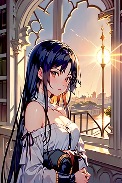 This image showcases the anime girl with bangs and medium-long hair in a school library, bathed in the light of the sun that creates a fusion of morning clarity and sunset charm. The atmosphere is timeless, suggesting that this beautiful day has stepped out of the regular flow of time and feels like it will last forever.