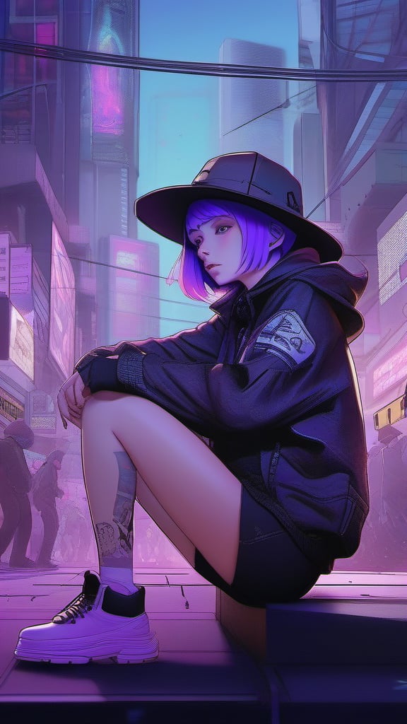 best quality, masterpiece, (detailed:1.2), 1girl, mona, squatting, cutesie, witch hat, science fiction, cyberpunk, purple hair, chromatic aberration, outdoors, city, crowd, faceless crowd","wallpaper, 1boy, solo, male focus, tattoo, monochrome, cyberpunk, (chromatic aberration), detailed background, mechanical parts, cable, indoors