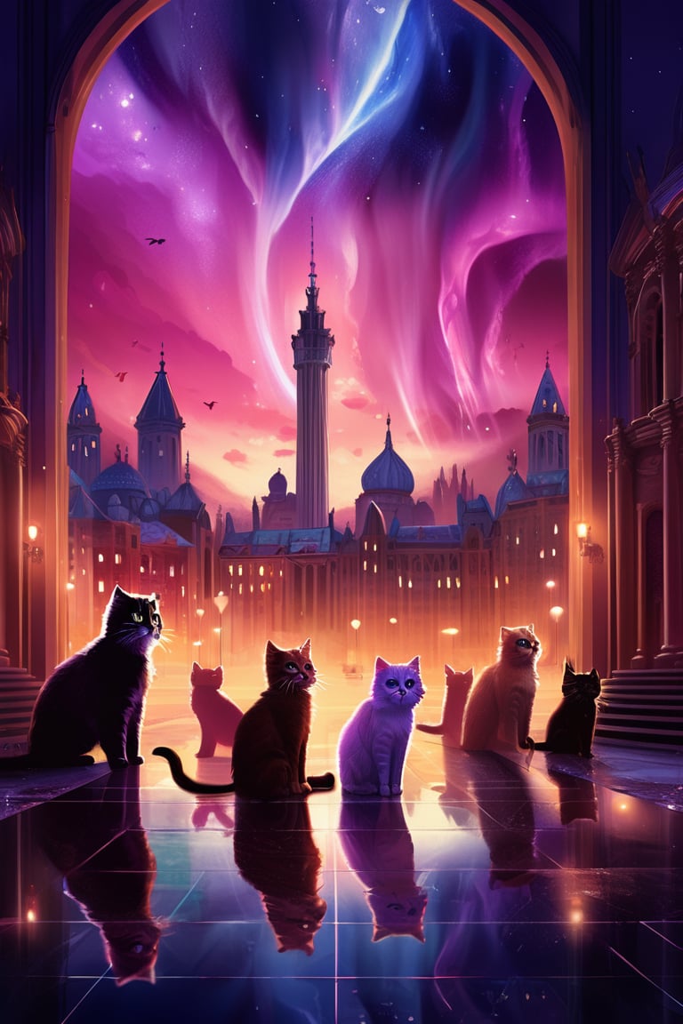 painting of A sky filled with a vibrant aurora borealis illuminating a city with grand columns while cats roam the streets and serpentine creatures swim in the oceans. Style of Cute cats and kittens with a mirror background. rosybrown, chocolate, sandybrown, darkred colors. 8K HD.