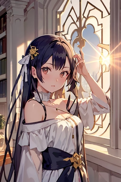 This image showcases the anime girl with bangs and medium-long hair in a school library, bathed in the light of the sun that creates a fusion of morning clarity and sunset charm. The atmosphere is timeless, suggesting that this beautiful day has stepped out of the regular flow of time and feels like it will last forever.