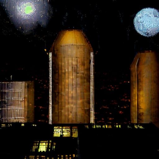 rocky, night, buildings, cooling tower, yellow lights, moon,