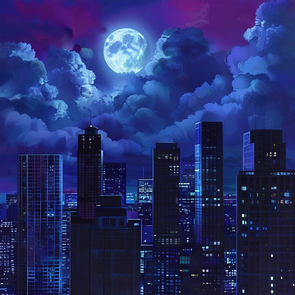 night, cloud lumened by city, bright moon, dark-gray-purple sky; sky scrapers square and rectangular skyscrapers with white frequent square windows, shades of skyscraper windows: dark blue, dark turquoise. The roofs of skyscrapers from dark squares or illuminated with a dim blue border,