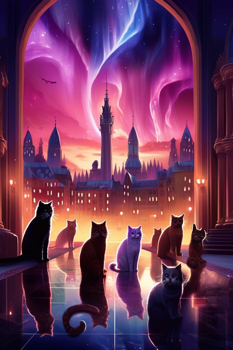 painting of A sky filled with a vibrant aurora borealis illuminating a city with grand columns while cats roam the streets and serpentine creatures swim in the oceans. Style of Cute cats and kittens with a mirror background. rosybrown, chocolate, sandybrown, darkred colors. 8K HD.