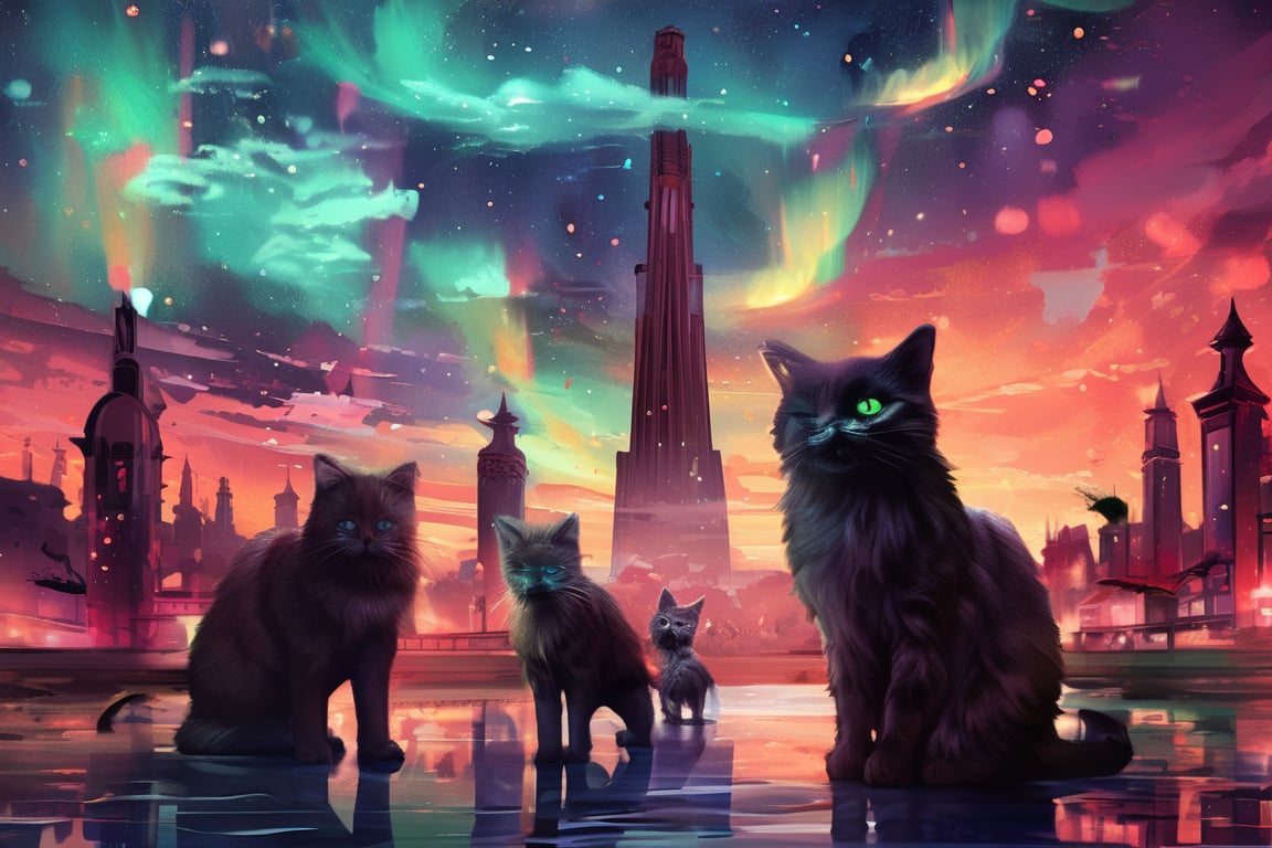 painting of A sky filled with a vibrant aurora borealis illuminating a city with grand columns while cats roam the streets and serpentine creatures swim in the oceans. Style of Cute cats and kittens with a mirror background. rosybrown, chocolate, sandybrown, darkred colors. 8K HD.