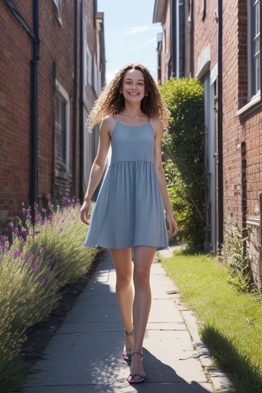 summer, a girl in a light dress with loose hair, linden alley, gentle morning sun, light breeze, blue sky, flowers, photo realism,photorealistic,realism,realistic