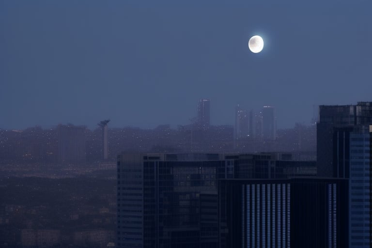 night, dark blue sky with blurry white clouds, full moon, black rectangular skyscrapers with small windows in which white light is visible, metal superstructures are visible at the tops of skyscrapers, brown cubes and a few gray cubes are visible at the base of skyscrapers, the earth is brown mud or clay