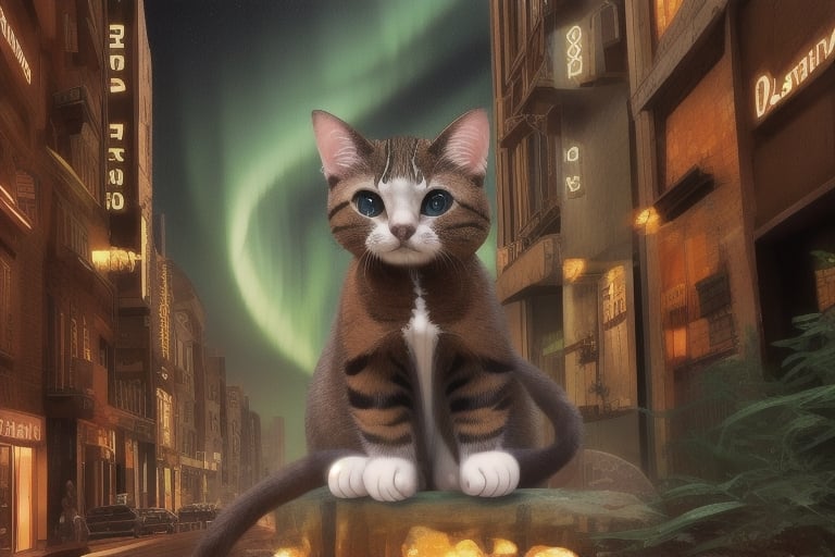 painting of A sky filled with a vibrant aurora borealis illuminating a city with grand columns while cats roam the streets and serpentine creatures swim in the oceans. Style of Cute cats and kittens with a mirror background. rosybrown, chocolate, sandybrown, darkred colors. 8K HD.