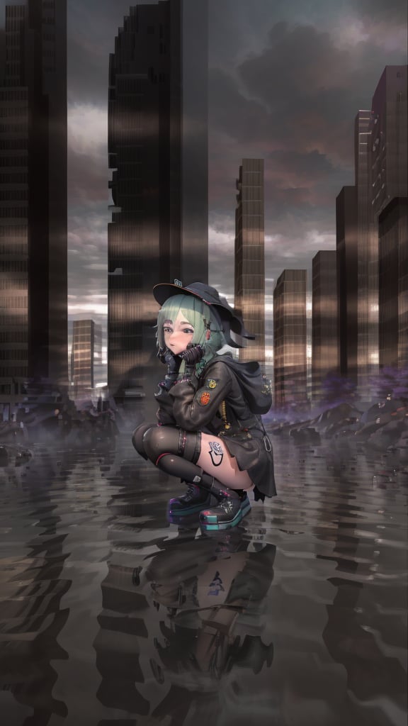 best quality, masterpiece, (detailed:1.2), 1girl, mona, gumi vocaloid, squatting, cutesie, witch hat, science fiction, cyberpunk, green hair, chromatic aberration, outdoors, city, crowd, faceless crowd","wallpaper, 1boy, solo, male focus, tattoo, monochrome, cyberpunk, (chromatic aberration), detailed background, mechanical parts, cable, indoors