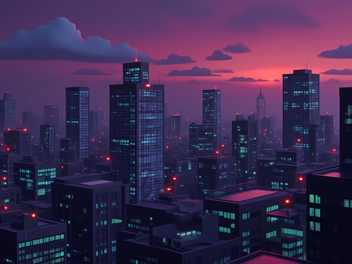 dark orange clouds illuminated by the city, purple sky, square and rectangular skyscrapers with white frequent square windows, shades of skyscraper windows light green, blue, dark blue, dark turquoise. The roofs of skyscrapers from dark squares to squares are illuminated with a dim blue square border, some skyscrapers are topped with red lights in the corners, and a red diode is installed above one skyscraper to warn.