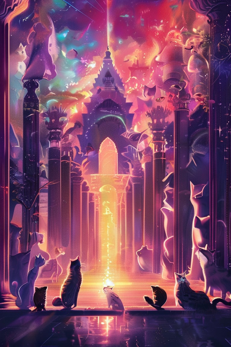 painting of A sky filled with a vibrant aurora borealis illuminating a city with grand columns while cats roam the streets and serpentine creatures swim in the oceans. Style of Cute cats and kittens with a mirror background. rosybrown, chocolate, sandybrown, darkred colors. 8K HD.