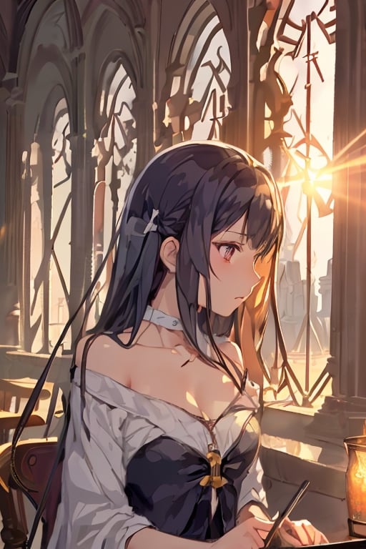 This image showcases the anime girl with bangs and medium-long hair in a school library, bathed in the light of the sun that creates a fusion of morning clarity and sunset charm. The atmosphere is timeless, suggesting that this beautiful day has stepped out of the regular flow of time and feels like it will last forever.