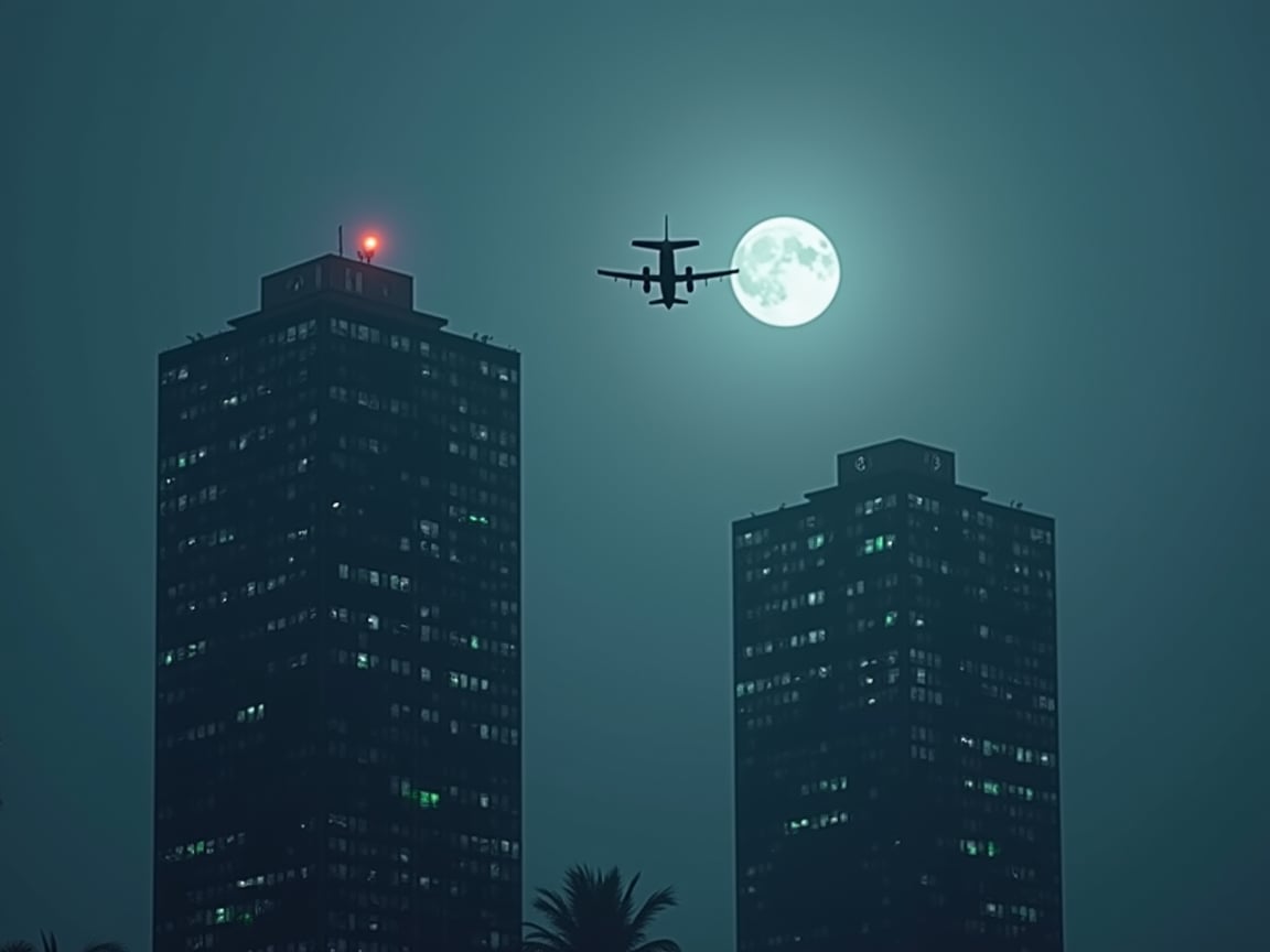 light bluish gray-light skyscrapers, sometimes with a light greenish tint, with frequent square windows, above two skyscrapers there is a red diode warning aircraft; with a dark gray sky and a clear gray sky illuminated by a bright white-blue moon