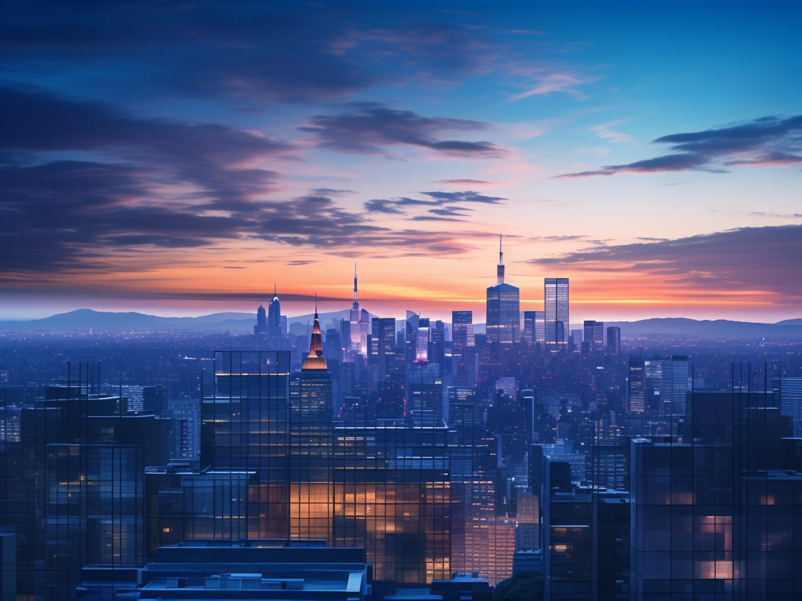 A panoramic cityscape at dusk with dark orange clouds illuminated by the city's lights against a purple sky. Square and rectangular skyscrapers feature white, frequent square windows with shades of light green, blue, dark blue, and dark turquoise. The roofs of the skyscrapers transition from dark squares to squares illuminated with a dim blue border. Some skyscrapers are topped with red lights in the corners, and a prominent red diode warns airplanes above one skyscraper. The scene captures the urban skyline's geometric precision and the interplay of artificial and natural light.