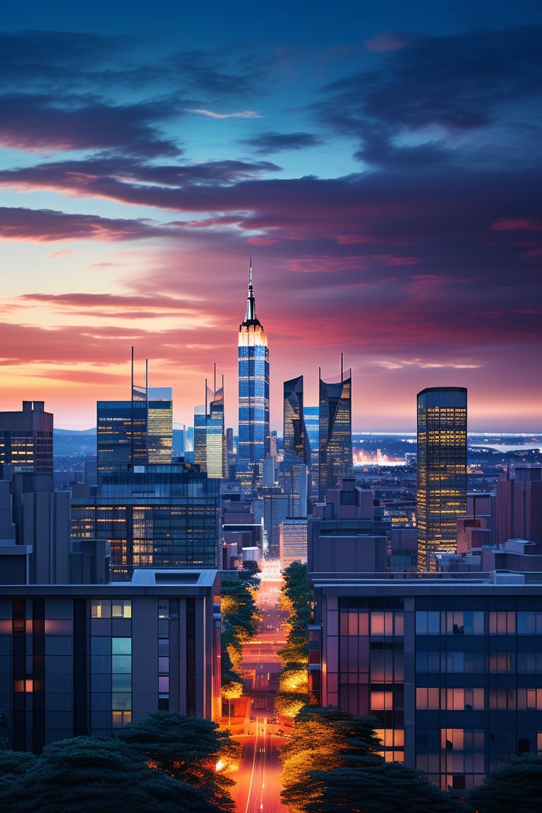 A panoramic cityscape at dusk with dark orange clouds illuminated by the city's lights against a purple sky. Square and rectangular skyscrapers feature white, frequent square windows with shades of light green, blue, dark blue, and dark turquoise. The roofs of the skyscrapers transition from dark squares to squares illuminated with a dim blue border. Some skyscrapers are topped with red lights in the corners, and a prominent red diode warns airplanes above one skyscraper. The scene captures the urban skyline's geometric precision and the interplay of artificial and natural light.