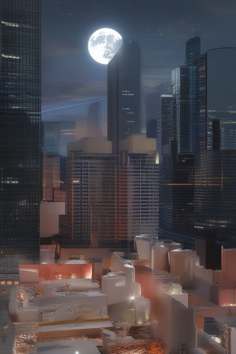 night, dark blue sky with blurry white clouds, full moon, black rectangular skyscrapers with small windows in which white light is visible, metal superstructures are visible at the tops of skyscrapers, brown cubes and a few gray cubes are visible at the base of skyscrapers, the earth is brown mud or clay