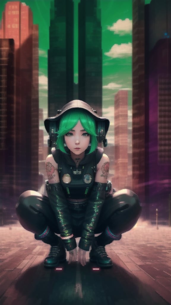 best quality, masterpiece, (detailed:1.2), 1girl, mona, gumi vocaloid, squatting, cutesie, witch hat, science fiction, cyberpunk, green hair, chromatic aberration, outdoors, city, crowd, faceless crowd","wallpaper, 1boy, solo, male focus, tattoo, monochrome, cyberpunk, (chromatic aberration), detailed background, mechanical parts, cable, indoors