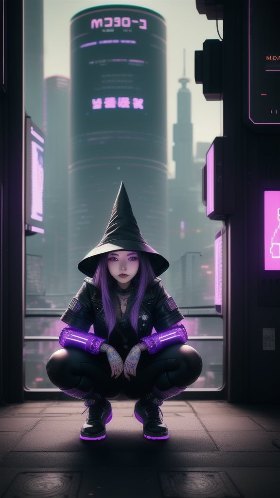 best quality, masterpiece, (detailed:1.2), 1girl, mona, squatting, cutesie, witch hat, science fiction, cyberpunk, purple hair, chromatic aberration, outdoors, city, crowd, faceless crowd","wallpaper, 1boy, solo, male focus, tattoo, monochrome, cyberpunk, (chromatic aberration), detailed background, mechanical parts, cable, indoors