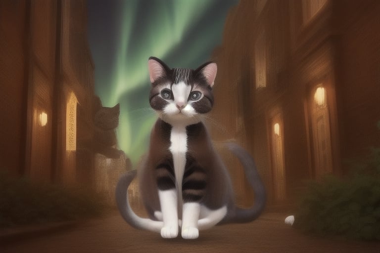 painting of A sky filled with a vibrant aurora borealis illuminating a city with grand columns while cats roam the streets and serpentine creatures swim in the oceans. Style of Cute cats and kittens with a mirror background. rosybrown, chocolate, sandybrown, darkred colors. 8K HD.