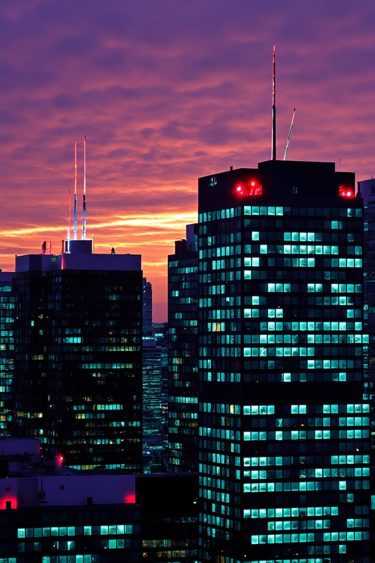 dark orange clouds illuminated by the city, purple sky, square and rectangular skyscrapers with white frequent square windows, shades of skyscraper windows light green, blue, dark blue, dark turquoise. The roofs of skyscrapers from dark squares to squares are illuminated with a dim blue square border, some skyscrapers are topped with red lights in the corners, and a red diode is installed above one skyscraper to warn airplanes.