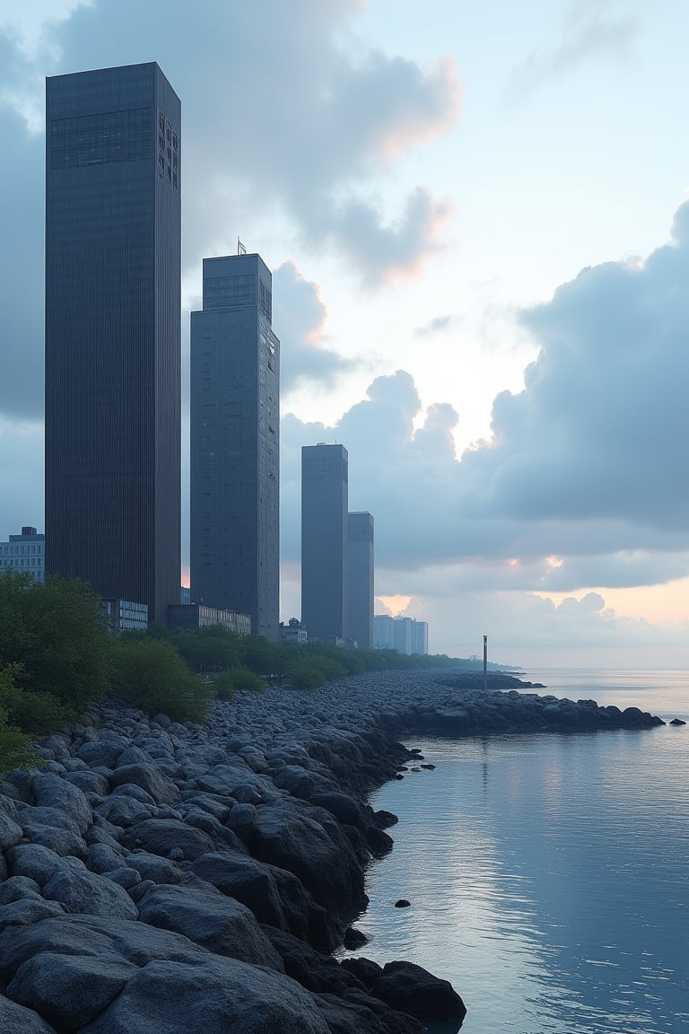 rocky coast without vegetation made of gray stone, gray water reflects, thin rectangular square dark brown skyscrapers with rectangular vertical frequent narrow windows, a cooling tower can be seen on the side on a separate stone island, low gray clouds often seeping through, and a few dark orange ones, the sky is blue with a hint of purple on the horizon is white