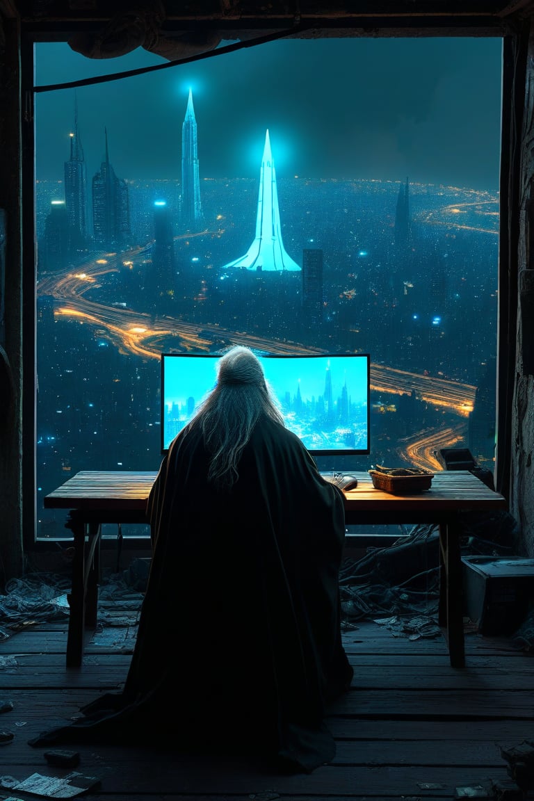 A homeless person who sits at a wooden table in front of a square black monitor and it generates images of a futuristic city, there is a dark system unit on the floor, he has long gray hair with a gray beard of about 55 years old, he is dressed in a dark brown wizard's cape, the environment is a typical homeless person's home, a semi-dump, in the open wall you can see a bright futuristic night city.