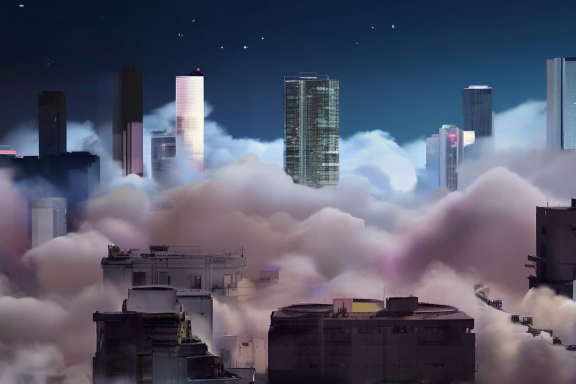 night, cloud lumened by city, bright moon, dark-gray-purple sky; sky scrapers square and rectangular skyscrapers with white frequent square windows, shades of skyscraper windows: dark blue, dark turquoise. The roofs of skyscrapers from dark squares or illuminated with a dim blue border,