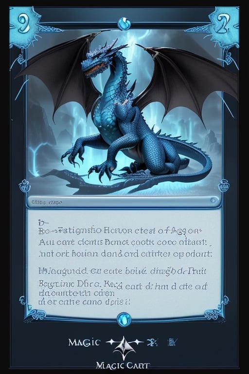 Magic the gathering dragon card,  in a blue frame with a light azure field under the image of a dragon,  with a detailed description of the rules of the card