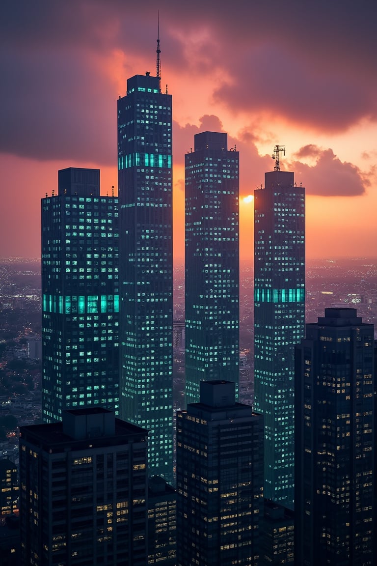 dark orange clouds illuminated by the city, purple sky, square and rectangular skyscrapers with white frequent square windows, shades of skyscraper windows light green, blue, dark blue, dark turquoise. The roofs of skyscrapers from dark squares to squares are illuminated with a dim blue square border, some skyscrapers are topped with diodes.