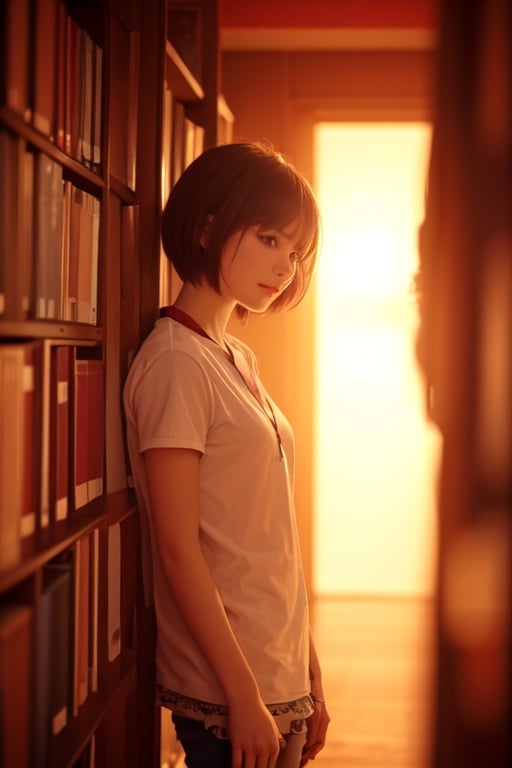 An anime girl with bangs and medium length hair in the school library, front view, feels the breath of spring and sun, the sun falling on the shelves in the school library, creates a feeling of morning and at the same time has the charm of sunset, but in reality it is not clear what time, as if it was out of time, either It was such a good day that it seems that now it will always be like this.