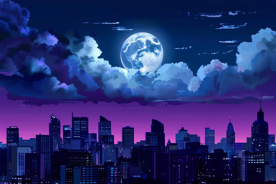 night, cloud lumened by city, bright moon, dark-gray-purple sky; sky scrapers square and rectangular skyscrapers with white frequent square windows, shades of skyscraper windows: dark blue, dark turquoise. The roofs of skyscrapers from dark squares or illuminated with a dim blue border,