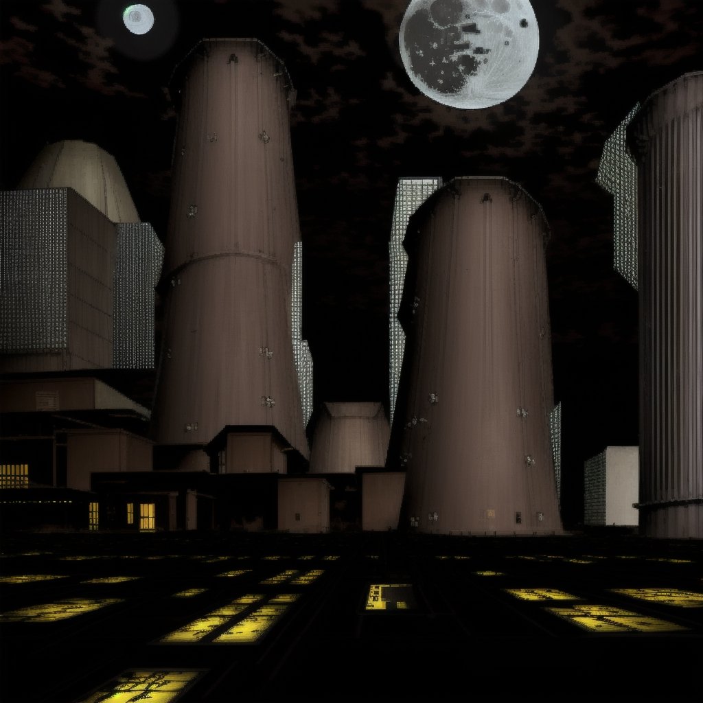 rocky, night, buildings, cooling tower, yellow lights, moon,