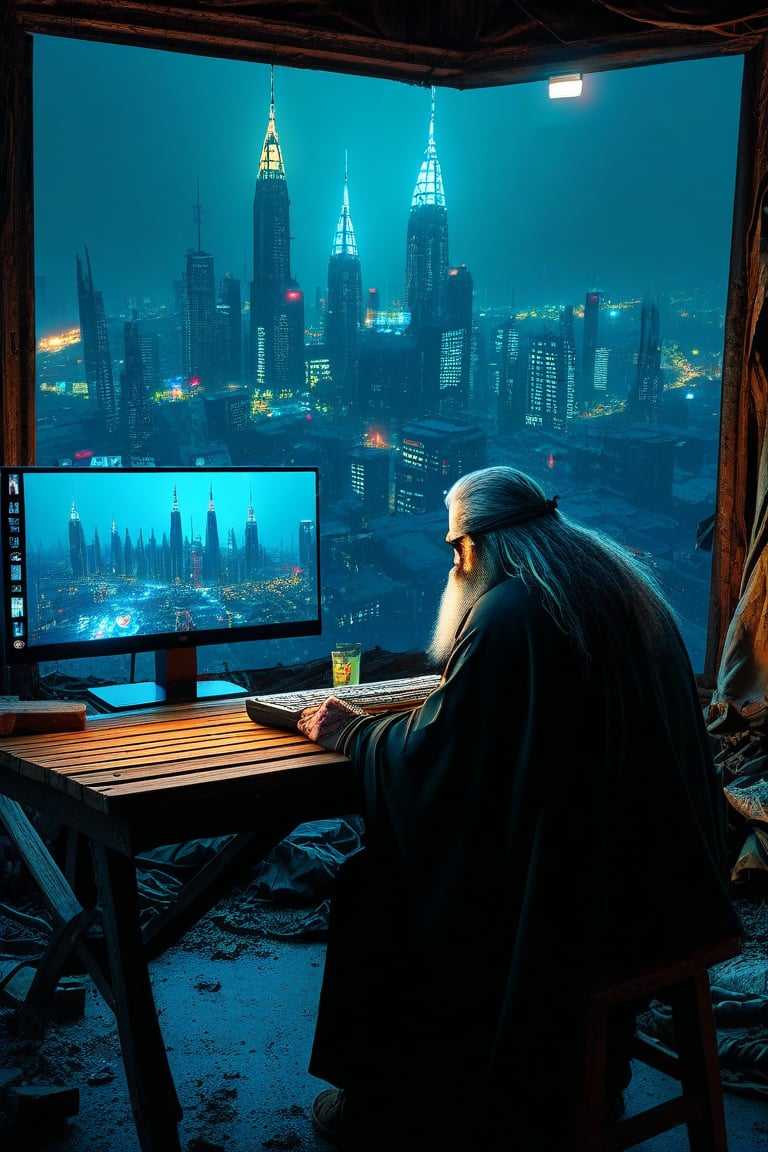 A homeless person who sits at a wooden table in front of a square black monitor and it generates images of a futuristic city, there is a dark system unit on the floor, he has long gray hair with a gray beard of about 55 years old, he is dressed in a dark brown wizard's cape, the environment is a typical homeless person's home, a semi-dump, in the open wall you can see a bright futuristic night city.