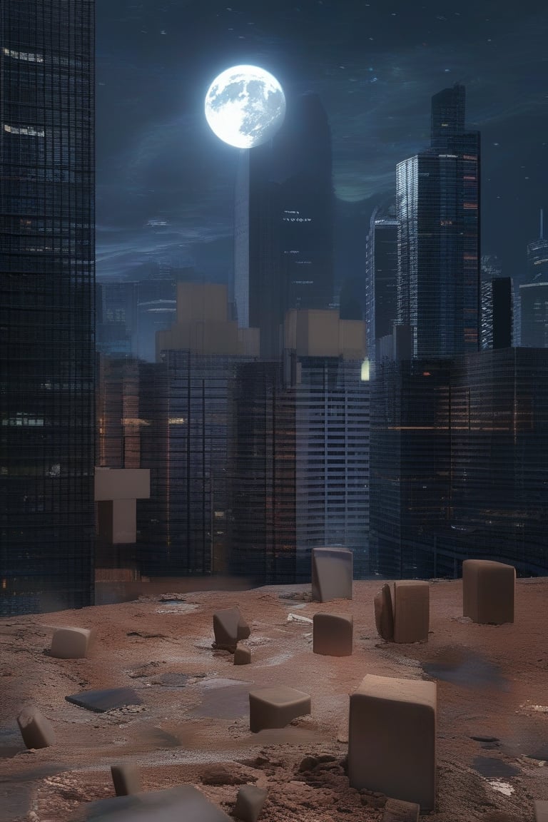 night, dark blue sky with blurry white clouds, full moon, black rectangular skyscrapers with small windows in which white light is visible, metal superstructures are visible at the tops of skyscrapers, brown cubes and a few gray cubes are visible at the base of skyscrapers, the earth is brown mud or clay