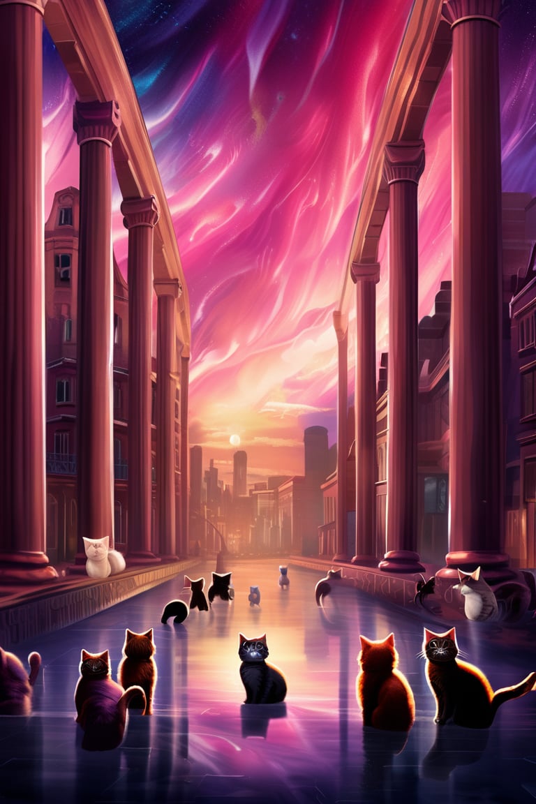 painting of A sky filled with a vibrant aurora borealis illuminating a city with grand columns while cats roam the streets and serpentine creatures swim in the oceans. Style of Cute cats and kittens with a mirror background. rosybrown, chocolate, sandybrown, darkred colors. 8K HD.