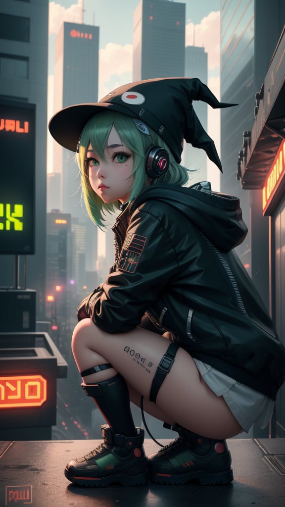 best quality, masterpiece, (detailed:1.2), 1girl, mona, gumi vocaloid, squatting, cutesie, witch hat, science fiction, cyberpunk, green hair, chromatic aberration, outdoors, city, crowd, faceless crowd","wallpaper, 1boy, solo, male focus, tattoo, monochrome, cyberpunk, (chromatic aberration), detailed background, mechanical parts, cable, indoors,pixel art