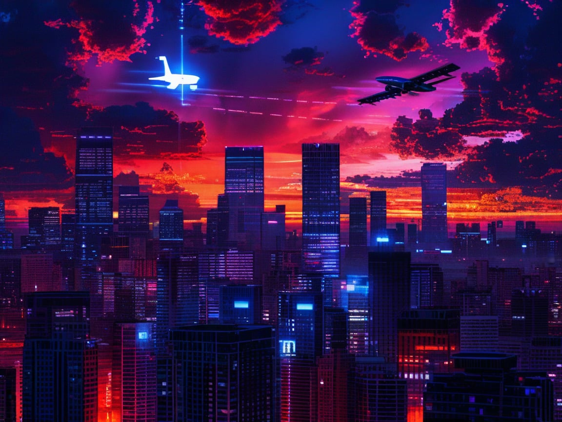 dark orange clouds illuminated by the city, purple sky, square and rectangular skyscrapers with white frequent square windows, shades of skyscraper windows light green, blue, dark blue, dark turquoise. The roofs of skyscrapers from dark squares to squares are illuminated with a dim blue square border, some skyscrapers are topped with red lights in the corners, and a red diode is installed above one skyscraper to warn airplanes.