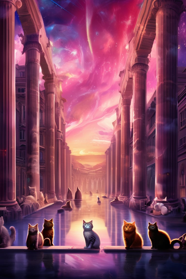 painting of A sky filled with a vibrant aurora borealis illuminating a city with grand columns while cats roam the streets and serpentine creatures swim in the oceans. Style of Cute cats and kittens with a mirror background. rosybrown, chocolate, sandybrown, darkred colors. 8K HD.