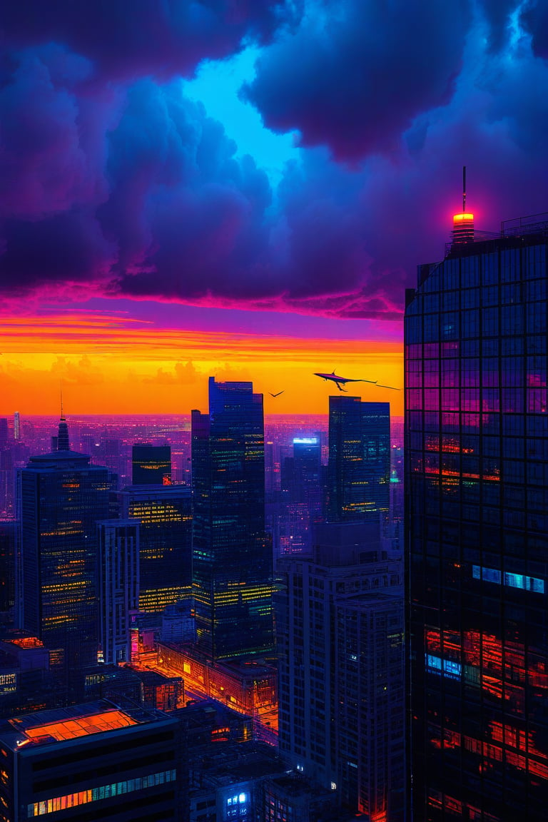 dark orange clouds illuminated by the city, purple sky, square and rectangular skyscrapers with white frequent square windows, shades of skyscraper windows light green, blue, dark blue, dark turquoise. The roofs of skyscrapers from dark squares to squares are illuminated with a dim blue square border, some skyscrapers are topped with red lights in the corners, and a red diode is installed above one skyscraper to warn airplanes.