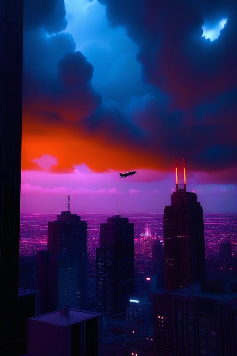 dark orange clouds illuminated by the city, purple sky, square and rectangular skyscrapers with white frequent square windows, shades of skyscraper windows light green, blue, dark blue, dark turquoise. The roofs of skyscrapers from dark squares to squares are illuminated with a dim blue square border, some skyscrapers are topped with red lights in the corners, and a red diode is installed above one skyscraper to warn airplanes.