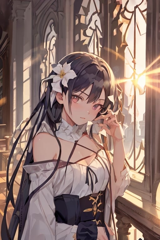 This image showcases the anime girl with bangs and medium-long hair in a school library, bathed in the light of the sun that creates a fusion of morning clarity and sunset charm. The atmosphere is timeless, suggesting that this beautiful day has stepped out of the regular flow of time and feels like it will last forever.