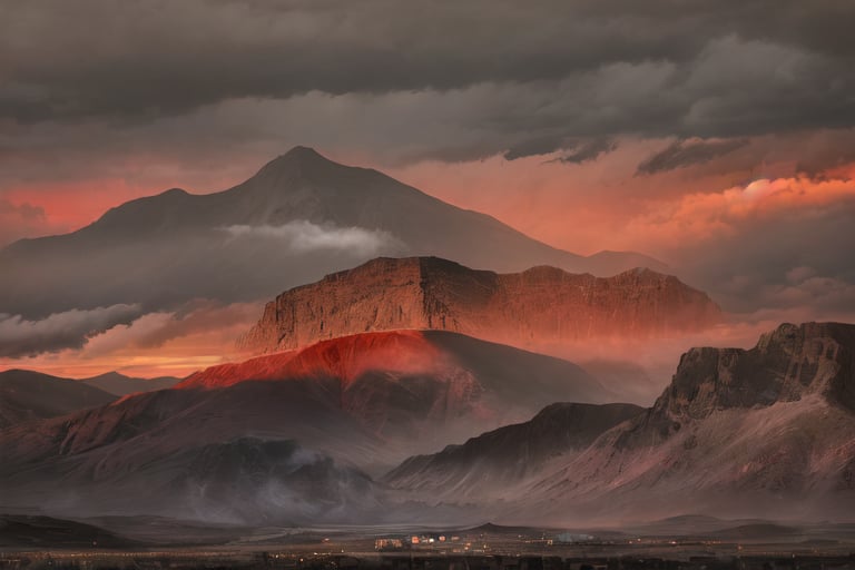 The image depicts a dramatic and industrial landscape. A thick layer of gray clouds dominates the sky, illuminated in a deep red hue from above. Amidst the clouds, a small golden sun peeks out, adding a touch of warmth to the otherwise gloomy atmosphere. In the distance, on the horizon, a range of gray mountains stretches across the landscape. Among these mountains, power plants and industrial buildings can be seen, their structures blending into the rugged terrain. Closer to the foreground, the mountains take on a darker tone, gradually transitioning to black mountains that loom in the distance. These black mountains are also dotted with power plants and industrial buildings, casting long shadows in the fading light.