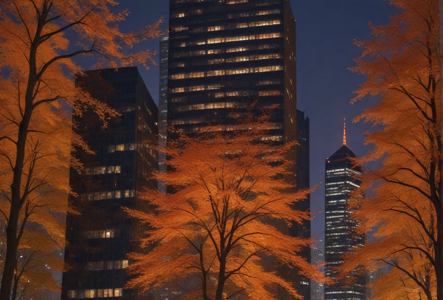 Night, autumn, skyscrapers with orange windows, lanterns illuminate the foliage of the trees and are reflected in the glass of the skyscrapers