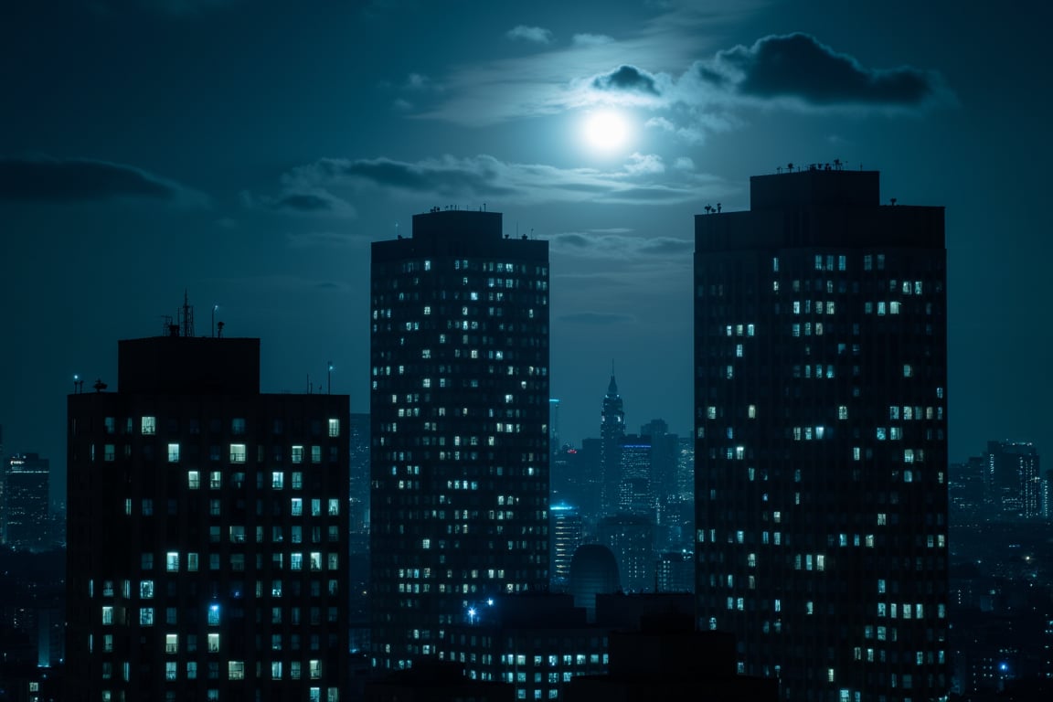 night, dark muted pale cloud lumened by bright moon, skyscrapers with white frequent square windows; shades of skyscraper windows: light blue, The roofs of skyscrapers are dark squares or illuminated with a dim blue border,