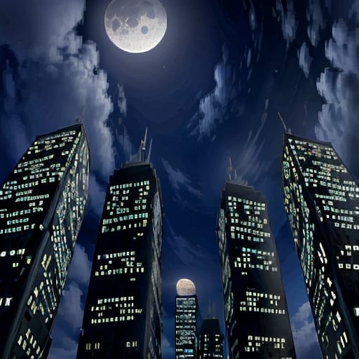 night, dark blue sky with blurry white clouds, full moon, black rectangular skyscrapers with small windows in which white light is visible, metal superstructures are visible at the tops of skyscrapers, brown cubes and a few gray cubes are visible at the base of skyscrapers, the earth is brown mud or clay