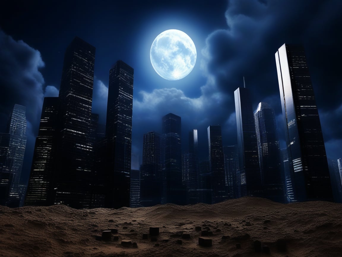 night, dark blue sky with blurry white clouds, full moon, black rectangular skyscrapers with small windows in which white light is visible, metal superstructures are visible at the tops of skyscrapers, brown cubes and a few gray cubes are visible at the base of skyscrapers, the earth is brown mud or clay