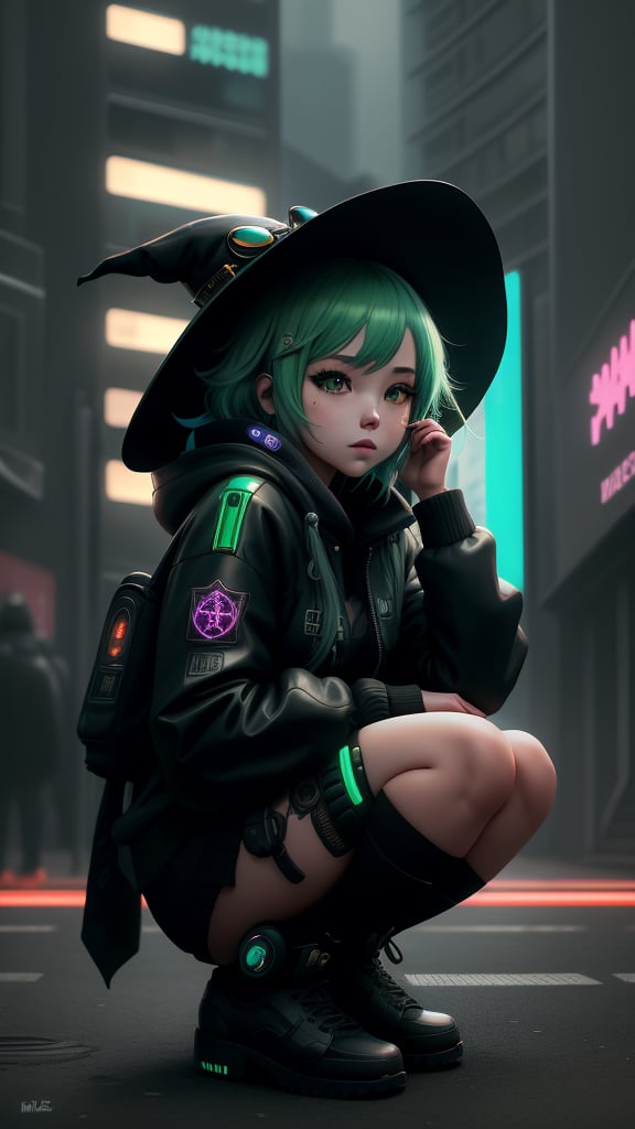 best quality, masterpiece, (detailed:1.2), 1girl, mona, gumi vocaloid, squatting, cutesie, witch hat, science fiction, cyberpunk, green hair, chromatic aberration, outdoors, city, crowd, faceless crowd","wallpaper, 1boy, solo, male focus, tattoo, monochrome, cyberpunk, (chromatic aberration), detailed background, mechanical parts, cable, indoors