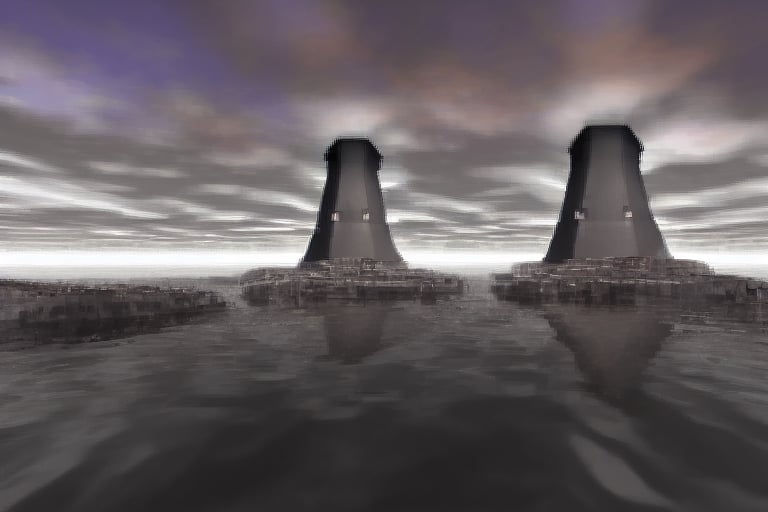 rocky coast, skyscrapers, sky, water, cooling tower, 