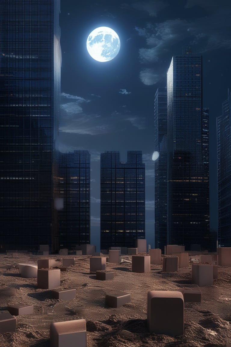 night, dark blue sky with blurry white clouds, full moon, black rectangular skyscrapers with small windows in which white light is visible, metal superstructures are visible at the tops of skyscrapers, brown cubes and a few gray cubes are visible at the base of skyscrapers, the earth is brown mud or clay